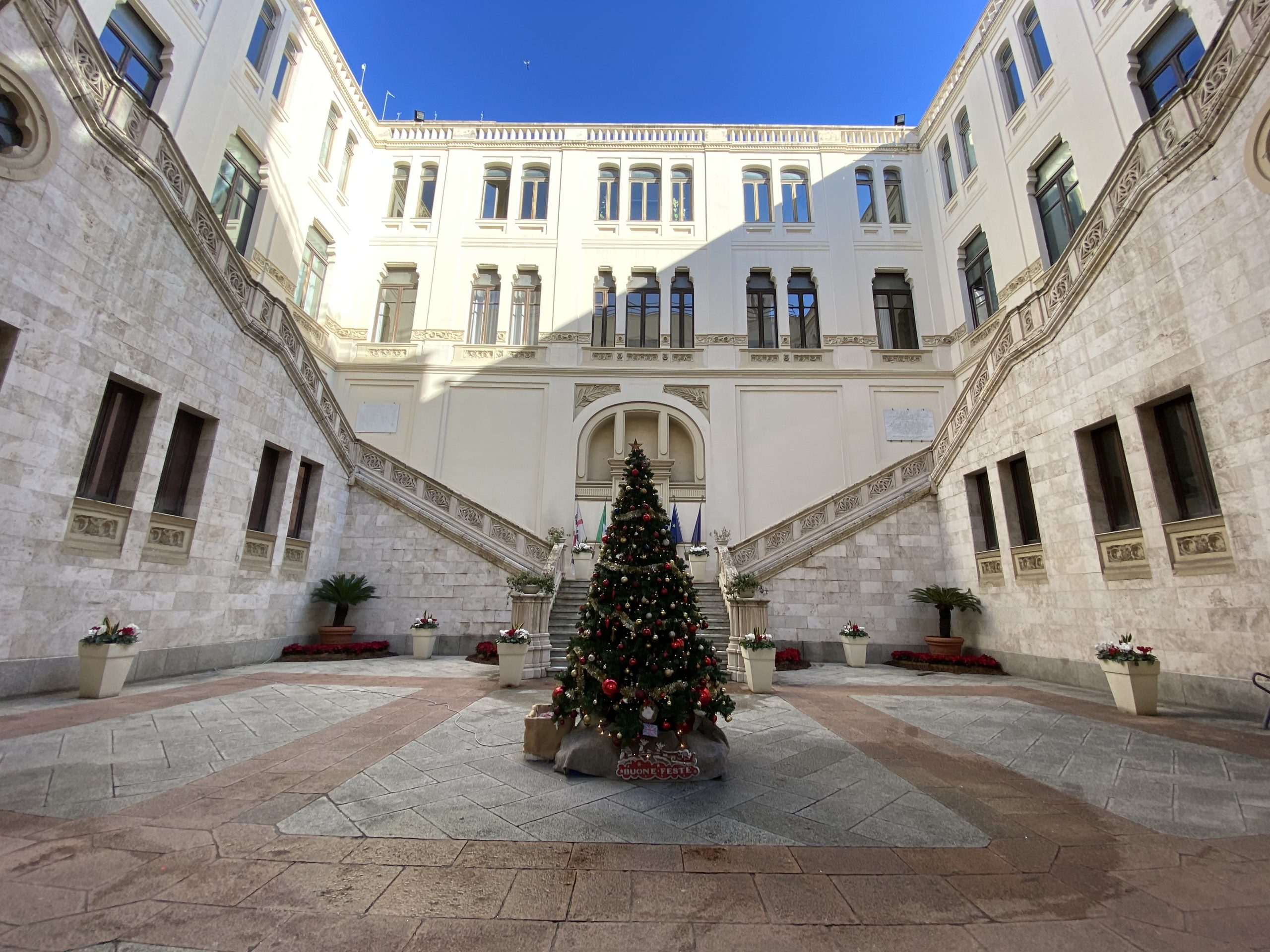 Cagliari Allestito Un Grande Albero Di Natale Nel Cortile Del Palazzo