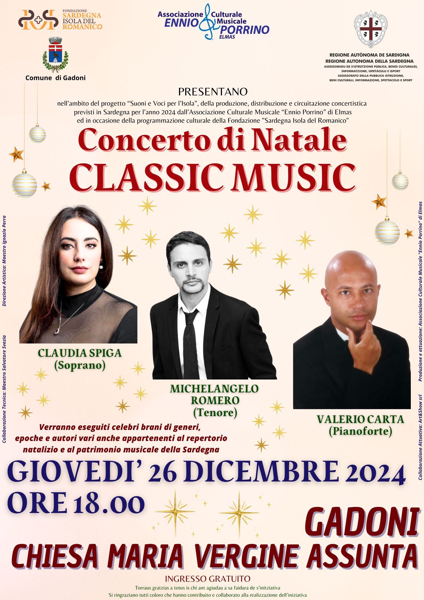 26 dicembre  – L’associazione Ennio Porrino porta il concerto “Classic Music” a Gadoni