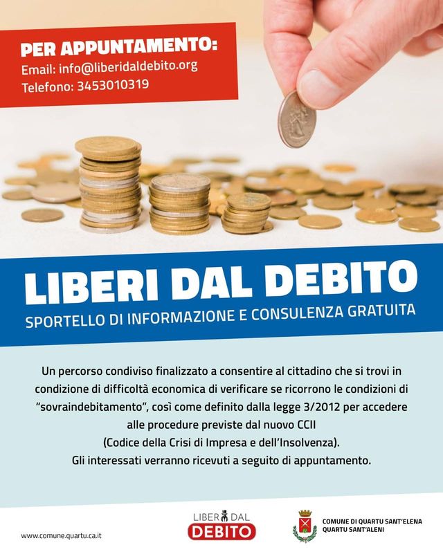 Il 14 febbraio a Quartu Sant’Elena apre lo sportello Liberi dal Debito, al servizio di tutti i cittadini